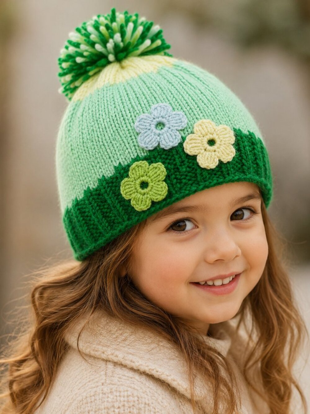 Handmade Girls Green Knit Beanie Pom Pom Crochet Flower Winter Hat Kids